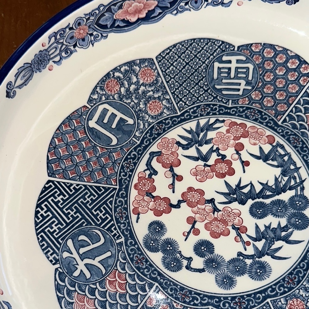 Japanese Imari Style Plate Blue Pink Floral Motif Kanji Design - Picture 8 of 8